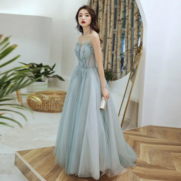 Elegant Sage Green Dancing Prom Dresses 2021 A-Line / Princess Strapless Sleeveless Appliques Lace Beading Floor-Length / Long Ruffle Backless Formal Dresses
