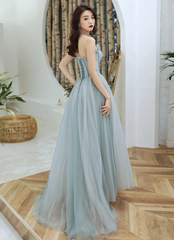 Elegant Sage Green Dancing Prom Dresses 2021 A-Line / Princess Strapless Sleeveless Appliques Lace Beading Floor-Length / Long Ruffle Backless Formal Dresses