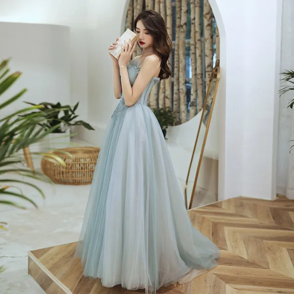 Elegant Sage Green Dancing Prom Dresses 2021 A-Line / Princess Strapless Sleeveless Appliques Lace Beading Floor-Length / Long Ruffle Backless Formal Dresses