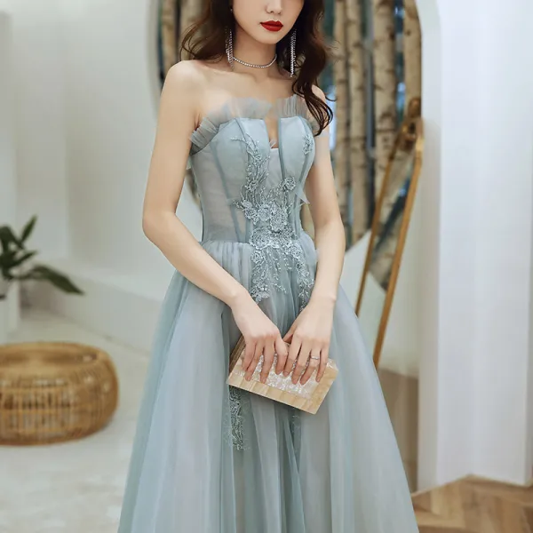Elegant Sage Green Dancing Prom Dresses 2021 A-Line / Princess Strapless Sleeveless Appliques Lace Beading Floor-Length / Long Ruffle Backless Formal Dresses
