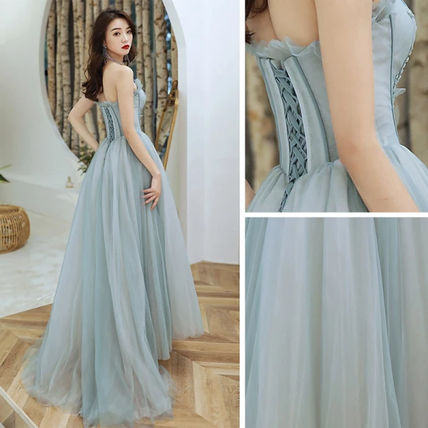 Elegant Sage Green Dancing Prom Dresses 2021 A-Line / Princess Strapless Sleeveless Appliques Lace Beading Floor-Length / Long Ruffle Backless Formal Dresses