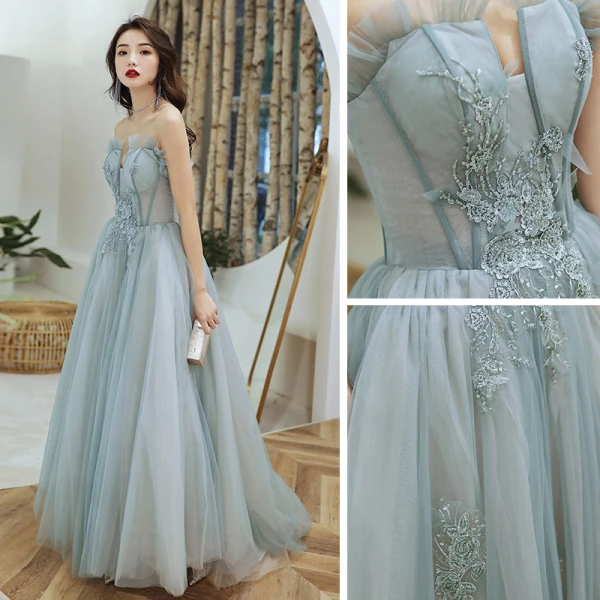 Elegant Sage Green Dancing Prom Dresses 2021 A-Line / Princess Strapless Sleeveless Appliques Lace Beading Floor-Length / Long Ruffle Backless Formal Dresses