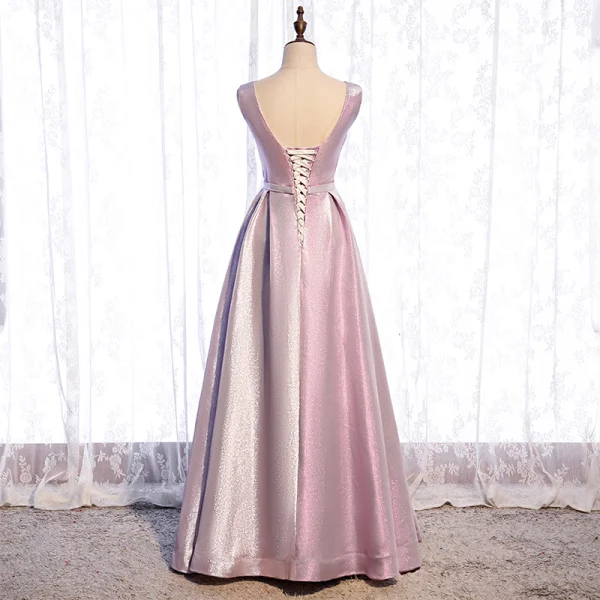 Bling Bling Rose Bonbon Dansant Robe De Bal 2021 Princesse Transparentes Col v profond Sans Manches Ceinture Faux Diamant Glitter Polyester Longue Volants Dos Nu Robe De Ceremonie