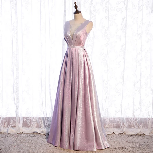 Bling Bling Rose Bonbon Dansant Robe De Bal 2021 Princesse Transparentes Col v profond Sans Manches Ceinture Faux Diamant Glitter Polyester Longue Volants Dos Nu Robe De Ceremonie