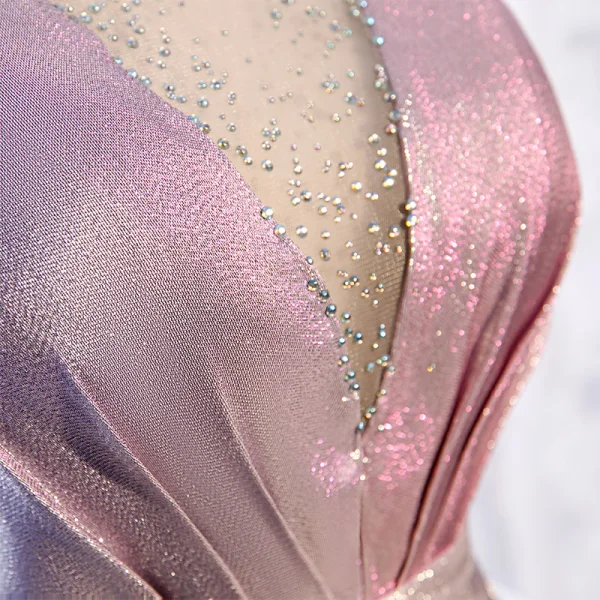 Bling Bling Rose Bonbon Dansant Robe De Bal 2021 Princesse Transparentes Col v profond Sans Manches Ceinture Faux Diamant Glitter Polyester Longue Volants Dos Nu Robe De Ceremonie