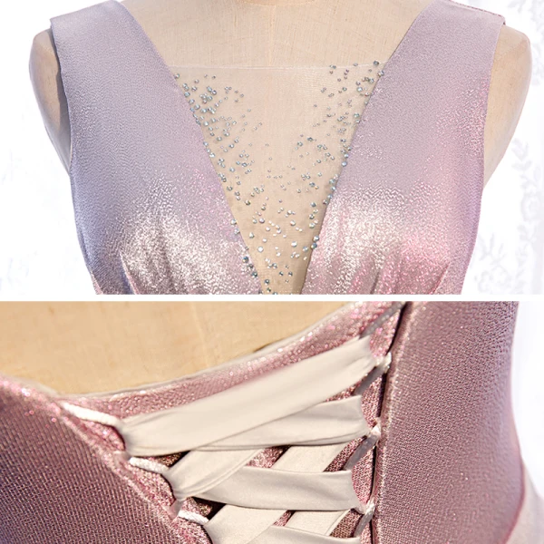 Bling Bling Rose Bonbon Dansant Robe De Bal 2021 Princesse Transparentes Col v profond Sans Manches Ceinture Faux Diamant Glitter Polyester Longue Volants Dos Nu Robe De Ceremonie