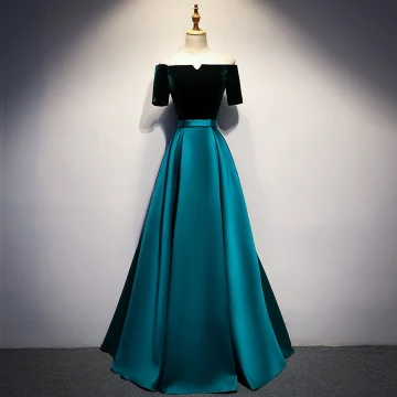 Simple Vert Foncé Satin Dansant Robe De Bal 2021 Princesse De L 039 Épaule Manches Courtes Ceinture Longue Volants Dos Nu Robe De Ceremonie