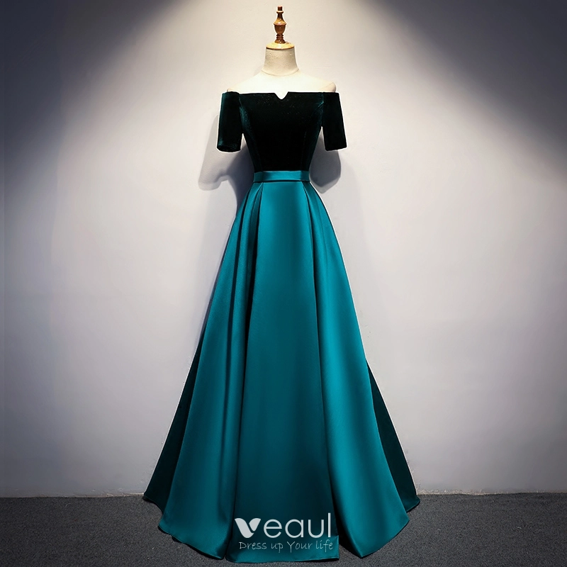 Modest / Simple Dark Green Satin Dancing Prom Dresses 2021 A-Line / Princess Off-The-Shoulder Short Sleeve Sash Floor-Length / Long Ruffle Backless