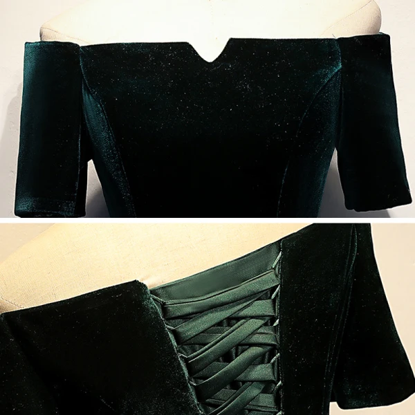 Schlicht Dunkelgrün Satin Tanzen Ballkleider 2021 A Linie Off Shoulder Kurze Ärmel Stoffgürtel Lange Rüschen Rückenfreies Festliche Kleider