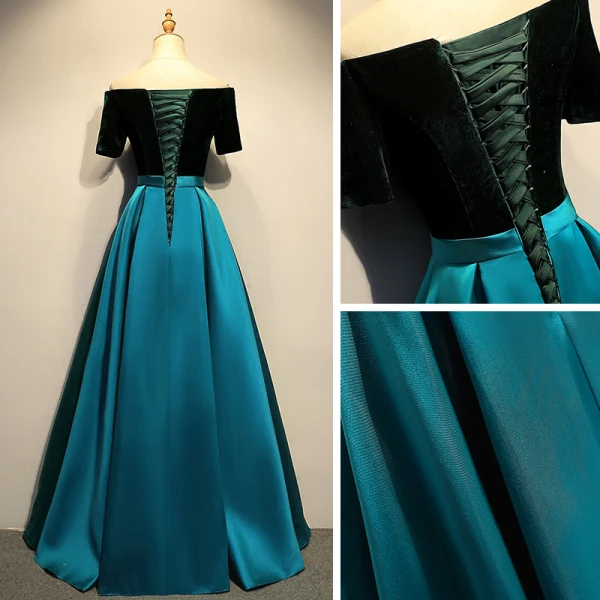 Schlicht Dunkelgrün Satin Tanzen Ballkleider 2021 A Linie Off Shoulder Kurze Ärmel Stoffgürtel Lange Rüschen Rückenfreies Festliche Kleider