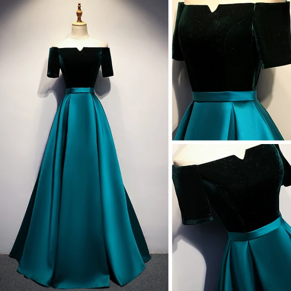 Schlicht Dunkelgrün Satin Tanzen Ballkleider 2021 A Linie Off Shoulder Kurze Ärmel Stoffgürtel Lange Rüschen Rückenfreies Festliche Kleider