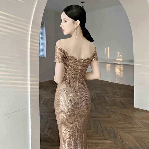 Scintillantes Doré Paillettes Robe De Bal 2021 Trompette / Sirène De l'épaule Manches Courtes Longue Volants Dos Nu Robe De Ceremonie
