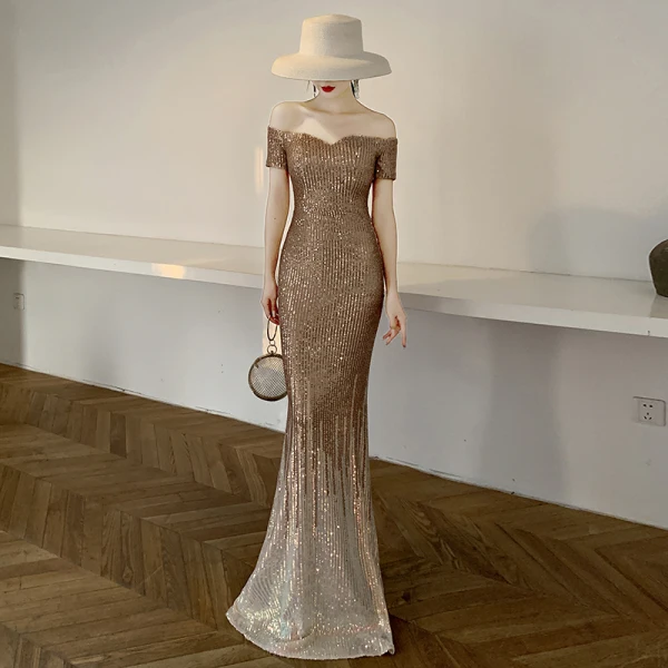 Scintillantes Doré Paillettes Robe De Bal 2021 Trompette / Sirène De l'épaule Manches Courtes Longue Volants Dos Nu Robe De Ceremonie