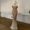 Sparkly Gold Sequins Prom Dresses 2021 Trumpet / Mermaid Off-The-Shoulder Short Sleeve Floor-Length / Long Ruffle Backless Formal Dresses