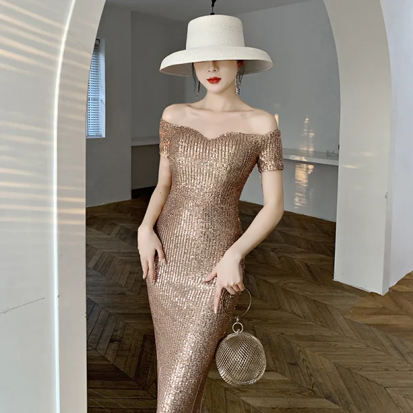 Scintillantes Doré Paillettes Robe De Bal 2021 Trompette / Sirène De l'épaule Manches Courtes Longue Volants Dos Nu Robe De Ceremonie