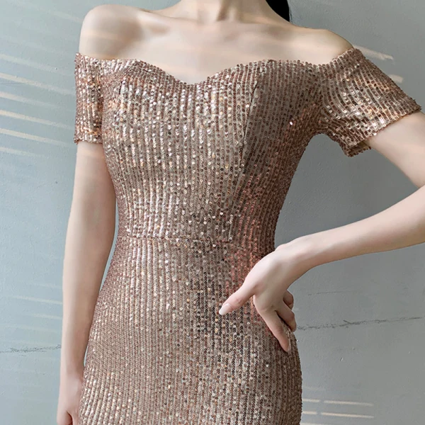 Scintillantes Doré Paillettes Robe De Bal 2021 Trompette / Sirène De l'épaule Manches Courtes Longue Volants Dos Nu Robe De Ceremonie