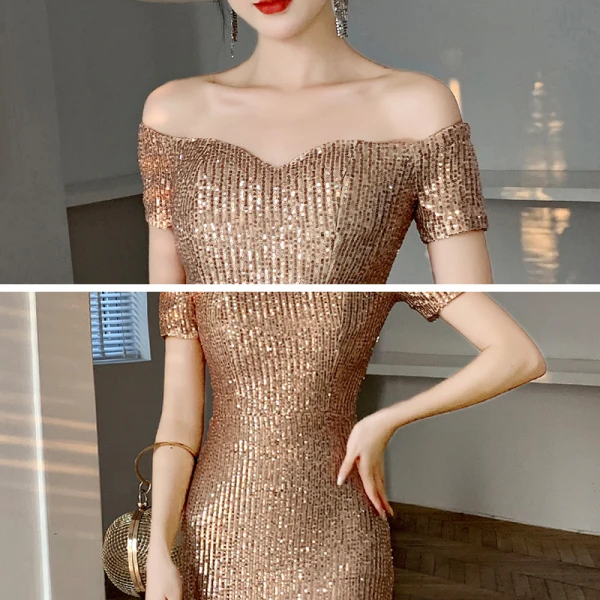 Scintillantes Doré Paillettes Robe De Bal 2021 Trompette / Sirène De l'épaule Manches Courtes Longue Volants Dos Nu Robe De Ceremonie