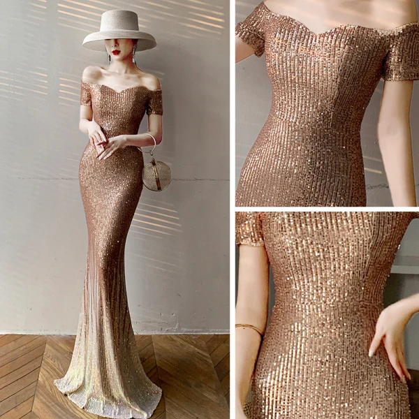 Scintillantes Doré Paillettes Robe De Bal 2021 Trompette / Sirène De l'épaule Manches Courtes Longue Volants Dos Nu Robe De Ceremonie