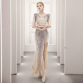 Sparkly Beige Sequins See Through Evening Dresses 2021 Trumpet Mermaid V Neck 1 2 Sleeves Split Front Floor Length Long Backless Formal Dresses