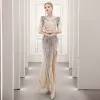 Sparkly Beige Sequins See-through Evening Dresses  2021 Trumpet / Mermaid V-Neck 1/2 Sleeves Split Front Floor-Length / Long Backless Formal Dresses