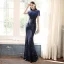 Sparkly Navy Blue Sequins Evening Dresses  2021 Trumpet / Mermaid See-through High Neck Short Sleeve Beading Tassel Floor-Length / Long Ruffle Formal Dresses