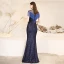 Sparkly Navy Blue Sequins Evening Dresses  2021 Trumpet / Mermaid See-through High Neck Short Sleeve Beading Tassel Floor-Length / Long Ruffle Formal Dresses