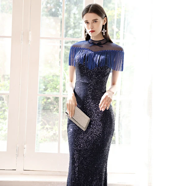Sparkly Navy Blue Sequins Evening Dresses 2021 Trumpet / Mermaid See-through High Neck Short Sleeve Beading Tassel Floor-Length / Long Ruffle Formal Dresses
