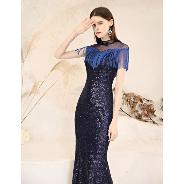 Sparkly Navy Blue Sequins Evening Dresses 2021 Trumpet / Mermaid See-through High Neck Short Sleeve Beading Tassel Floor-Length / Long Ruffle Formal Dresses