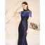 Sparkly Navy Blue Sequins Evening Dresses  2021 Trumpet / Mermaid See-through High Neck Short Sleeve Beading Tassel Floor-Length / Long Ruffle Formal Dresses