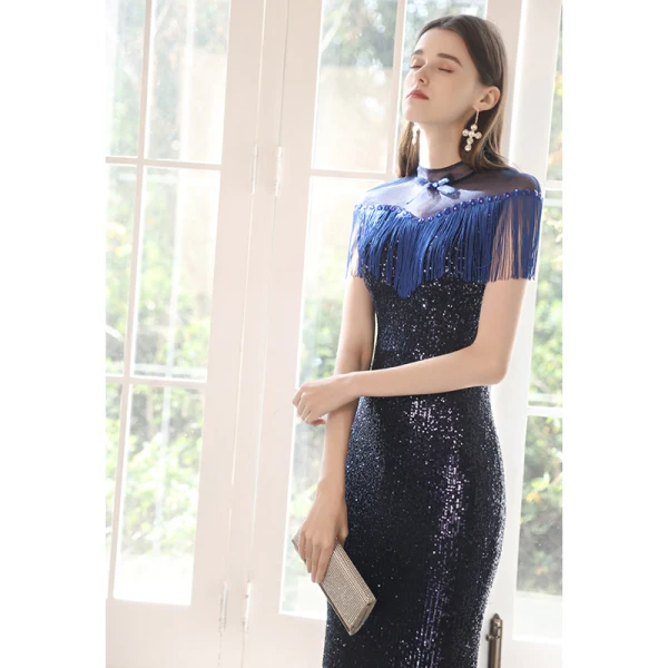Sparkly Navy Blue Sequins Evening Dresses 2021 Trumpet / Mermaid See-through High Neck Short Sleeve Beading Tassel Floor-Length / Long Ruffle Formal Dresses