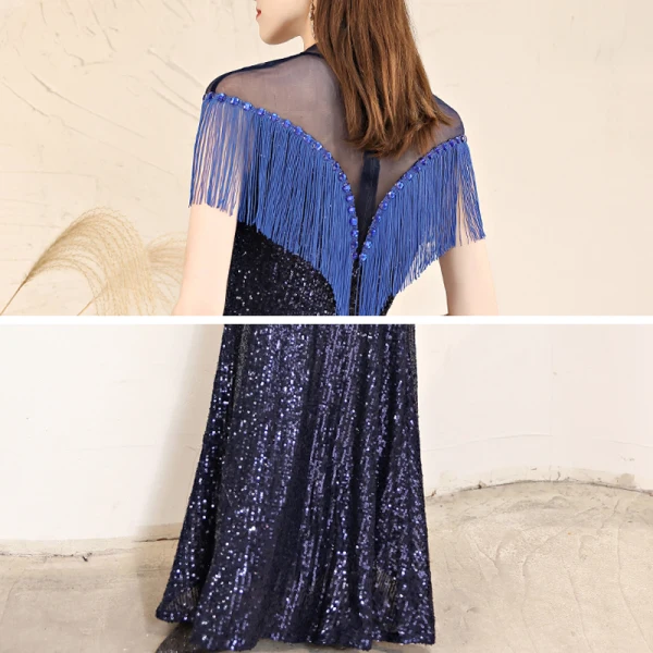Sparkly Navy Blue Sequins Evening Dresses 2021 Trumpet / Mermaid See-through High Neck Short Sleeve Beading Tassel Floor-Length / Long Ruffle Formal Dresses