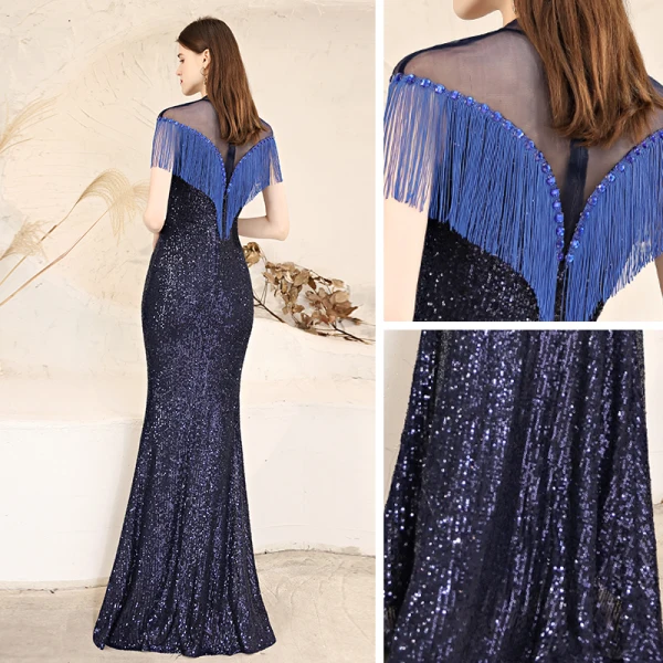 Sparkly Navy Blue Sequins Evening Dresses 2021 Trumpet / Mermaid See-through High Neck Short Sleeve Beading Tassel Floor-Length / Long Ruffle Formal Dresses