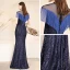 Sparkly Navy Blue Sequins Evening Dresses  2021 Trumpet / Mermaid See-through High Neck Short Sleeve Beading Tassel Floor-Length / Long Ruffle Formal Dresses