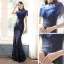 Sparkly Navy Blue Sequins Evening Dresses  2021 Trumpet / Mermaid See-through High Neck Short Sleeve Beading Tassel Floor-Length / Long Ruffle Formal Dresses