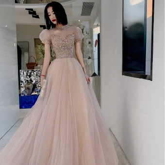 Elegant Champagne Prom Dresses 2021 A Line Princess See Through High Neck Puffy Short Sleeve Beading Sequins Floor Length Long Ruffle Backless Formal Dresses