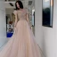 Elegant Champagne Prom Dresses 2021 A-Line / Princess See-through High Neck Puffy Short Sleeve Beading Sequins Floor-Length / Long Ruffle Backless Formal Dresses