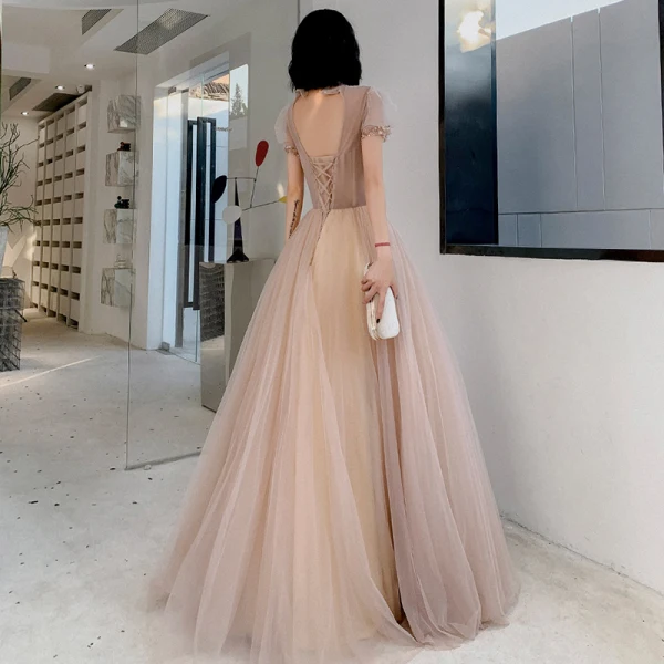 Elegant Champagne Prom Dresses 2021 A-Line / Princess See-through High Neck Puffy Short Sleeve Beading Sequins Floor-Length / Long Ruffle Backless Formal Dresses