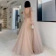 Elegant Champagne Prom Dresses 2021 A-Line / Princess See-through High Neck Puffy Short Sleeve Beading Sequins Floor-Length / Long Ruffle Backless Formal Dresses