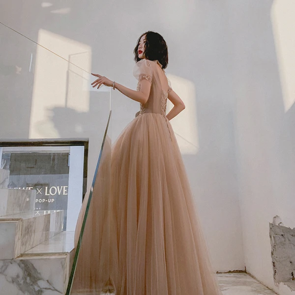 Elegant Champagne Prom Dresses 2021 A-Line / Princess See-through High Neck Puffy Short Sleeve Beading Sequins Floor-Length / Long Ruffle Backless Formal Dresses
