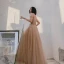 Elegant Champagne Prom Dresses 2021 A-Line / Princess See-through High Neck Puffy Short Sleeve Beading Sequins Floor-Length / Long Ruffle Backless Formal Dresses