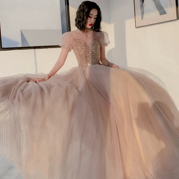 Elegant Champagne Prom Dresses 2021 A-Line / Princess See-through High Neck Puffy Short Sleeve Beading Sequins Floor-Length / Long Ruffle Backless Formal Dresses