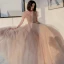 Elegant Champagne Prom Dresses 2021 A-Line / Princess See-through High Neck Puffy Short Sleeve Beading Sequins Floor-Length / Long Ruffle Backless Formal Dresses