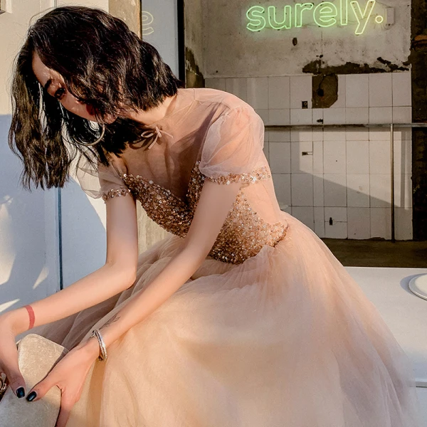 Elegant Champagne Prom Dresses 2021 A-Line / Princess See-through High Neck Puffy Short Sleeve Beading Sequins Floor-Length / Long Ruffle Backless Formal Dresses