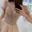 Elegant Champagne Prom Dresses 2021 A-Line / Princess See-through High Neck Puffy Short Sleeve Beading Sequins Floor-Length / Long Ruffle Backless Formal Dresses