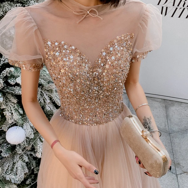 Elegant Champagne Prom Dresses 2021 A-Line / Princess See-through High Neck Puffy Short Sleeve Beading Sequins Floor-Length / Long Ruffle Backless Formal Dresses