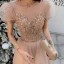 Elegant Champagne Prom Dresses 2021 A-Line / Princess See-through High Neck Puffy Short Sleeve Beading Sequins Floor-Length / Long Ruffle Backless Formal Dresses