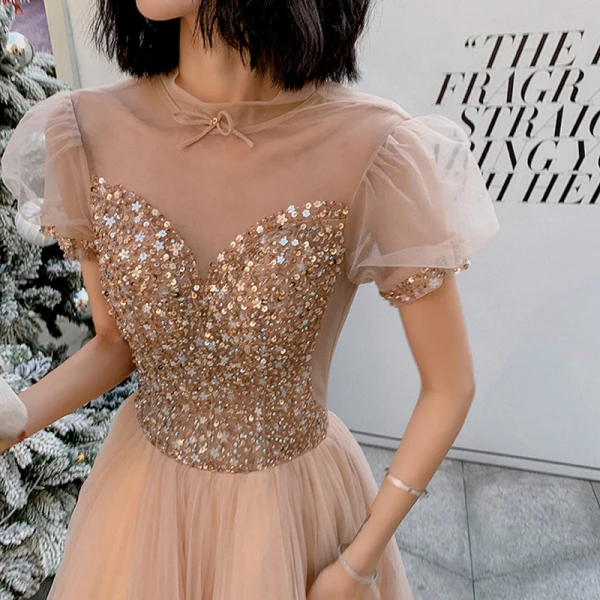Elegant Champagne Prom Dresses 2021 A-Line / Princess See-through High Neck Puffy Short Sleeve Beading Sequins Floor-Length / Long Ruffle Backless Formal Dresses