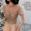 Elegant Champagne Prom Dresses 2021 A-Line / Princess See-through High Neck Puffy Short Sleeve Beading Sequins Floor-Length / Long Ruffle Backless Formal Dresses