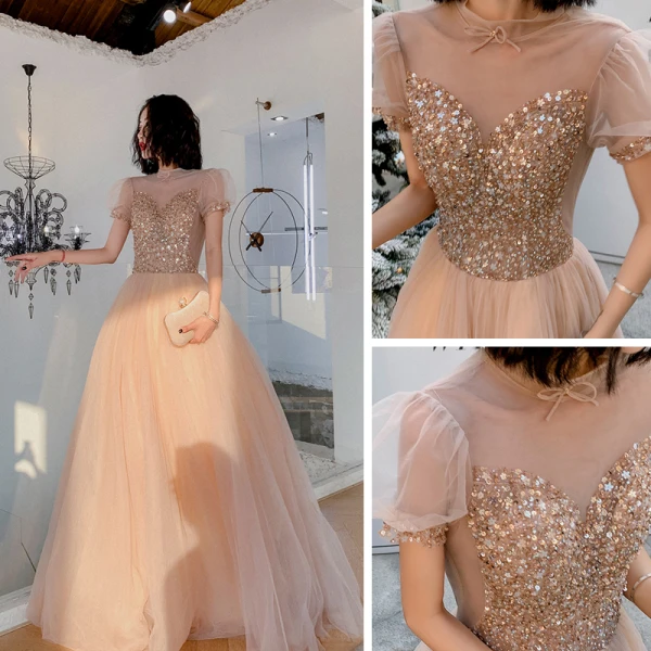 Elegant Champagne Prom Dresses 2021 A-Line / Princess See-through High Neck Puffy Short Sleeve Beading Sequins Floor-Length / Long Ruffle Backless Formal Dresses