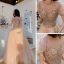 Elegant Champagne Prom Dresses 2021 A-Line / Princess See-through High Neck Puffy Short Sleeve Beading Sequins Floor-Length / Long Ruffle Backless Formal Dresses